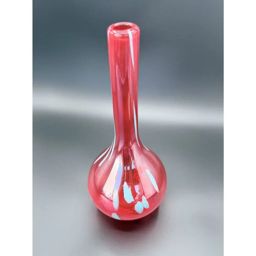 Vintage Red Swung Glass Bud Vase Applied Blue Dots MCM Art Glass 12”